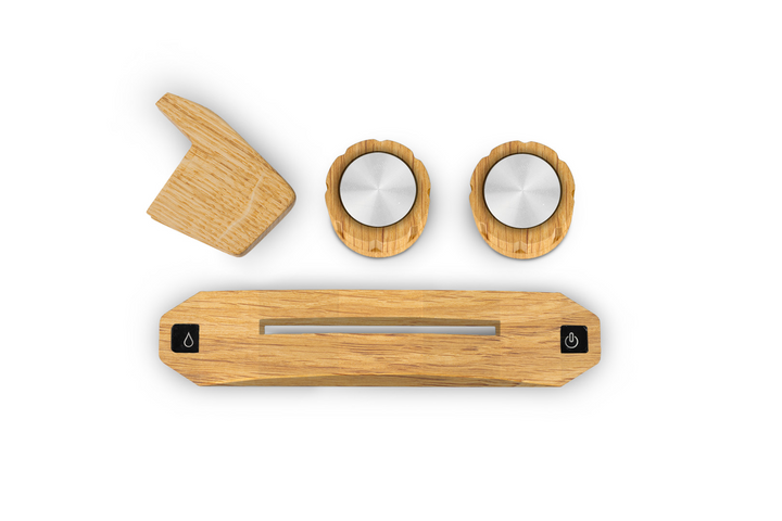Conjunto em madeira Brewspire de carvalho – botões rotativos, paddle e alavanca de vapor como peças soltas, vista de cima