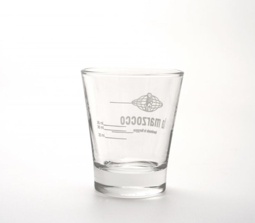 La Marzocco espresso shot glass with measurement scale detail – Coffee Coaching Club 2
