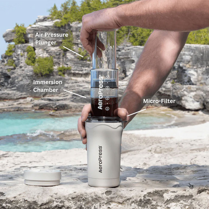 AeroPress Go Plus Travel System beige in uso vicino all&