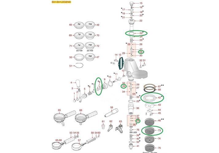 Exploded diagram of the E61 group head showing the positions of the parts included in the seal kit