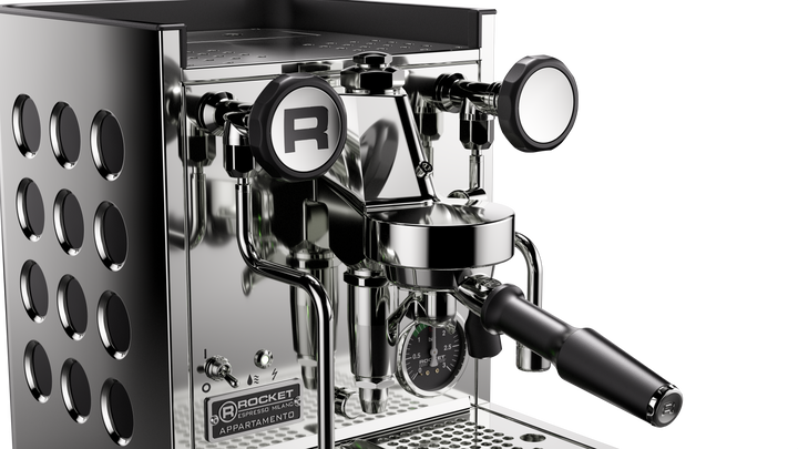 Rocket Appartamento TCA acero inoxidable negro, vista lateral – Coffee Coaching Club 3